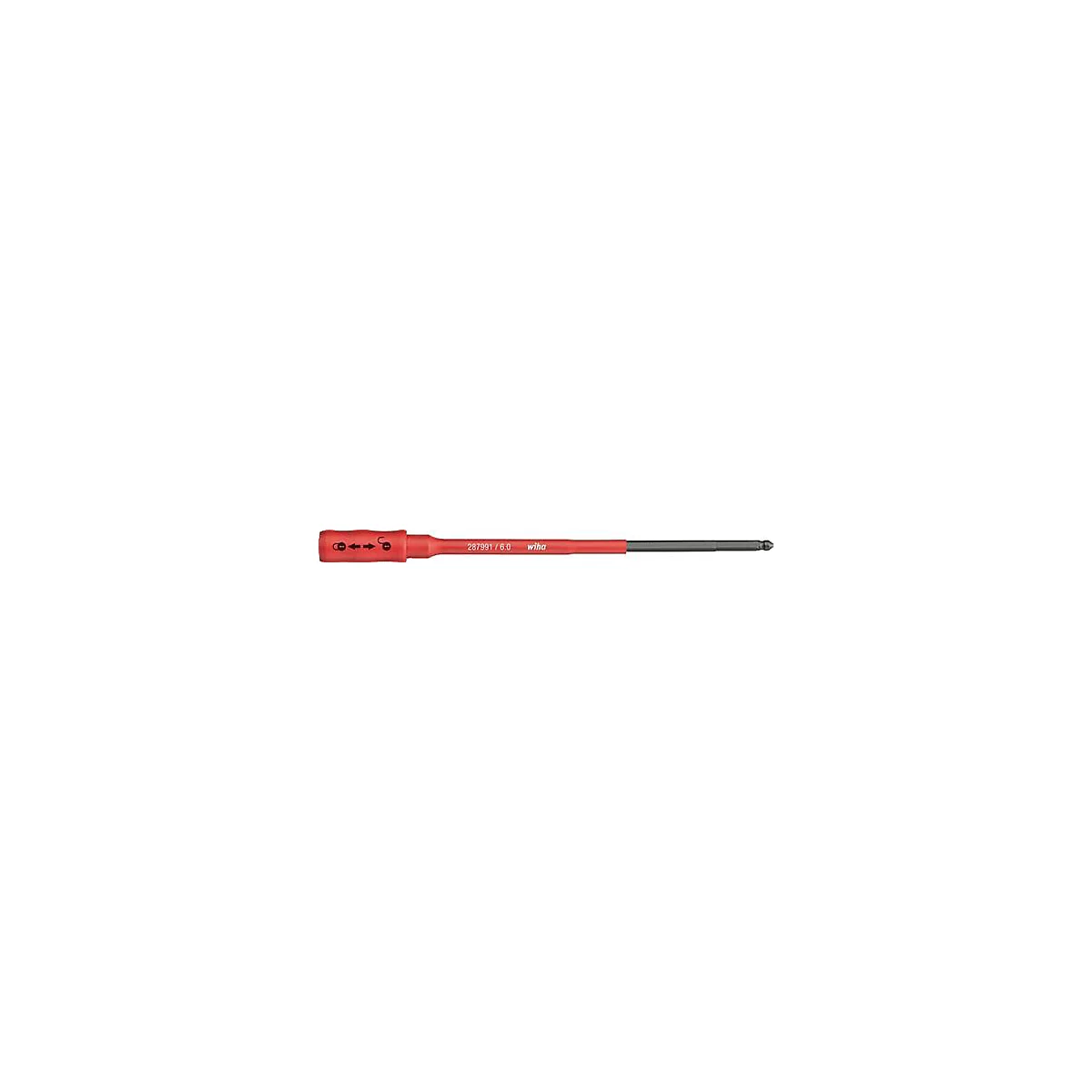 Tournevis rouge avec une pointe noire et inscription.