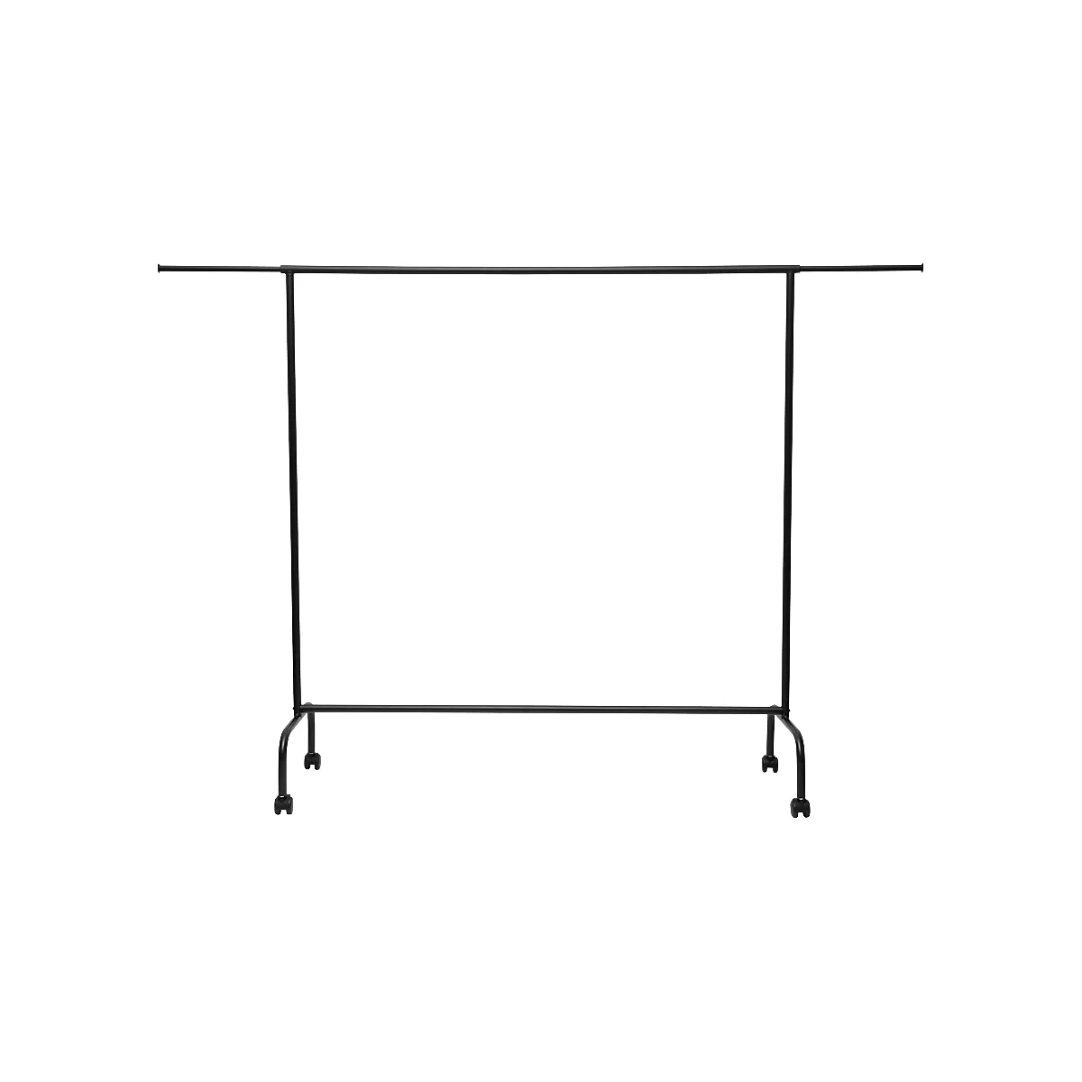 Porte-vêtements noir sur roulettes sur fond blanc.