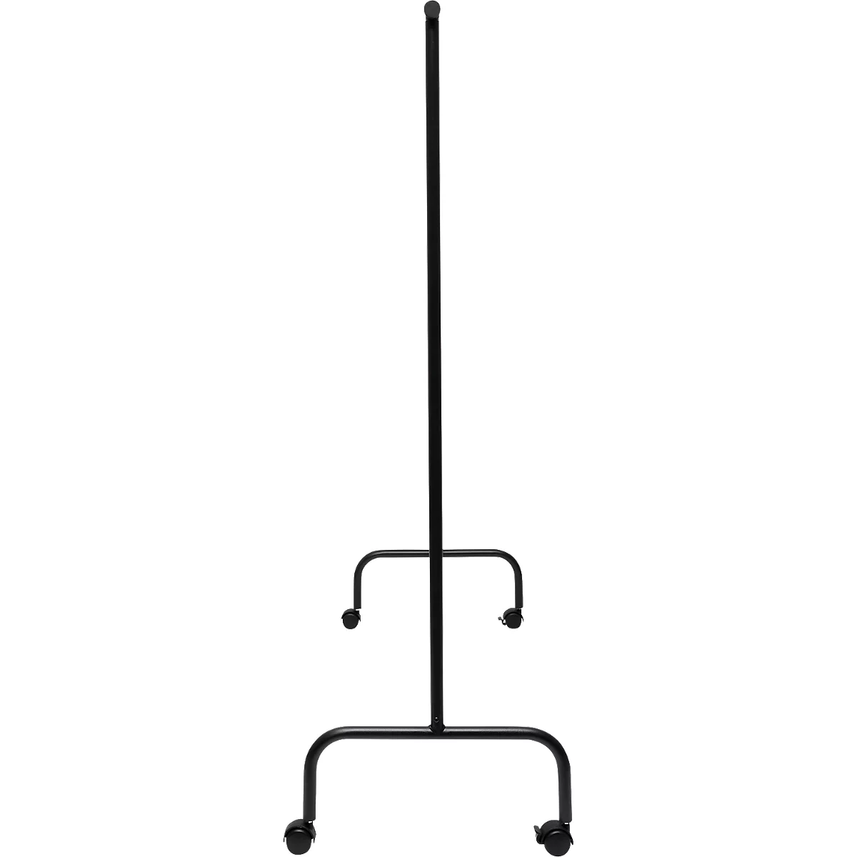 Porte-vêtements noir sur roulettes, isolé sur fond blanc.