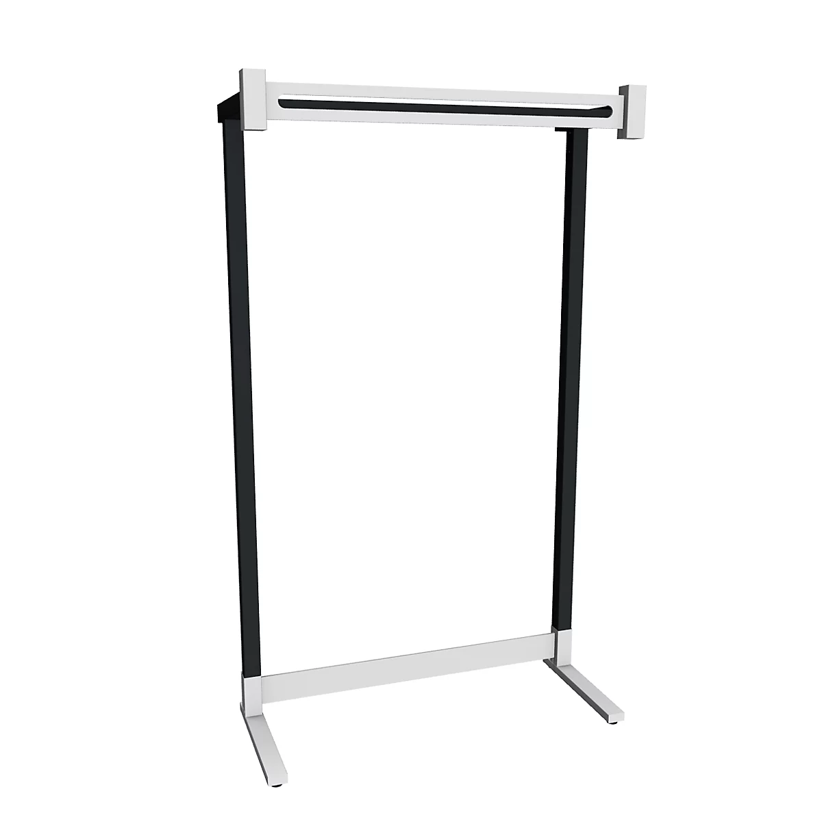 Porte-vêtements noir avec des touches de blanc. Construction verticale, rectangulaire pour les vêtements, isolé sur fond blanc.