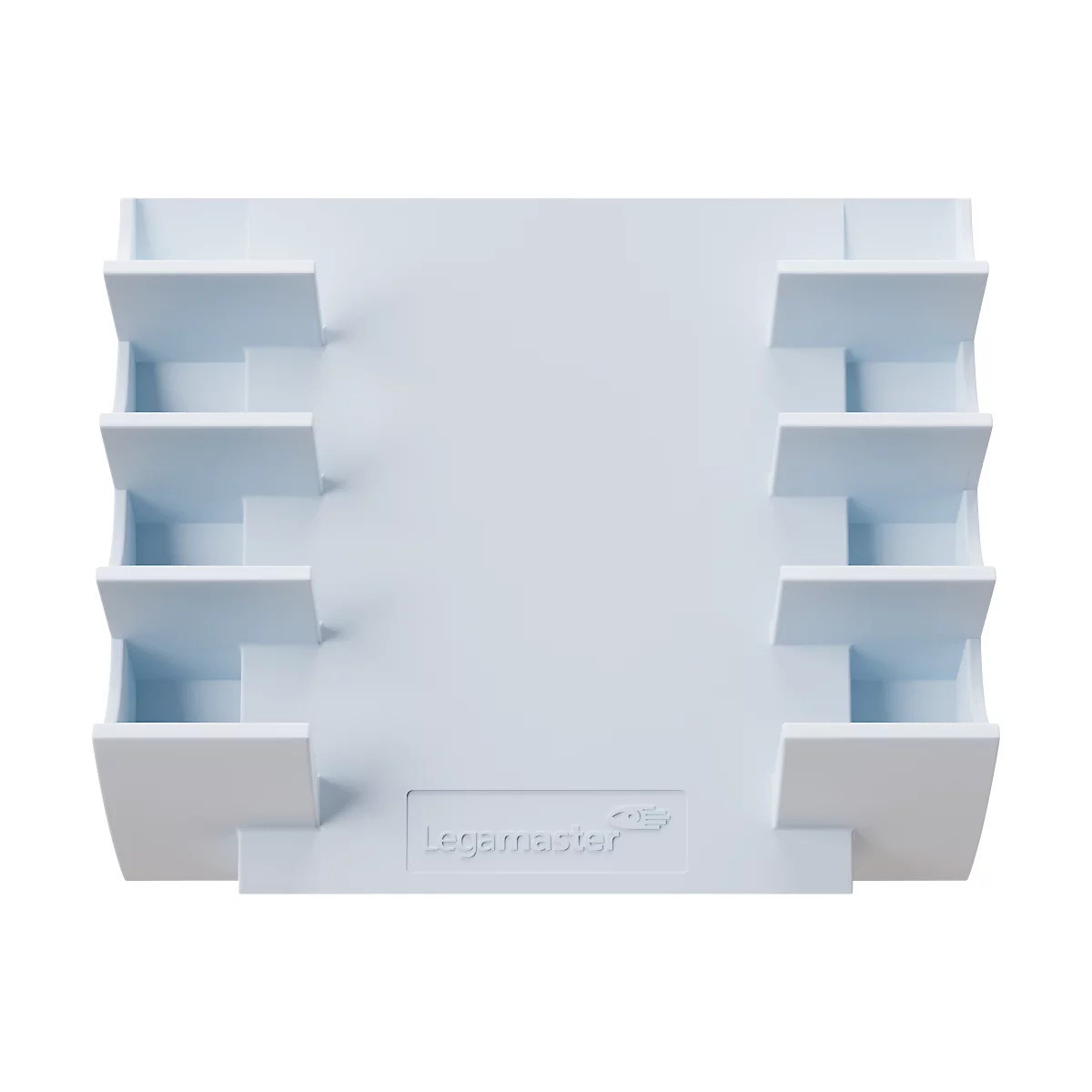 Système d'organisation rectangulaire bleu clair avec six compartiments. "Legamaster" en bas.
