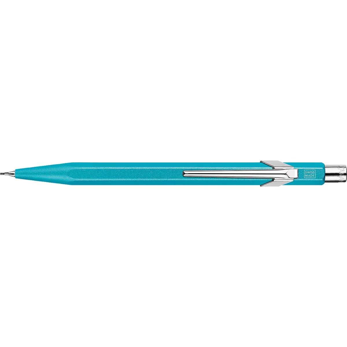 Stylo à bille turquoise avec un clip argenté.