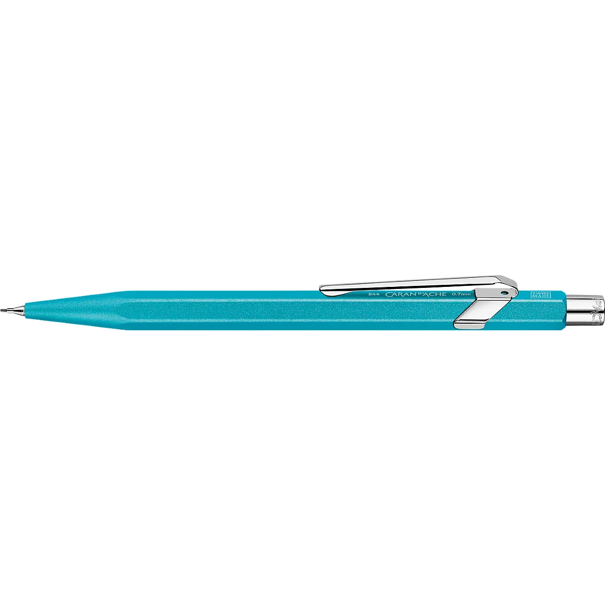 Gros plan d'un stylo à bille bleu turquoise avec clip et pointe argentés.