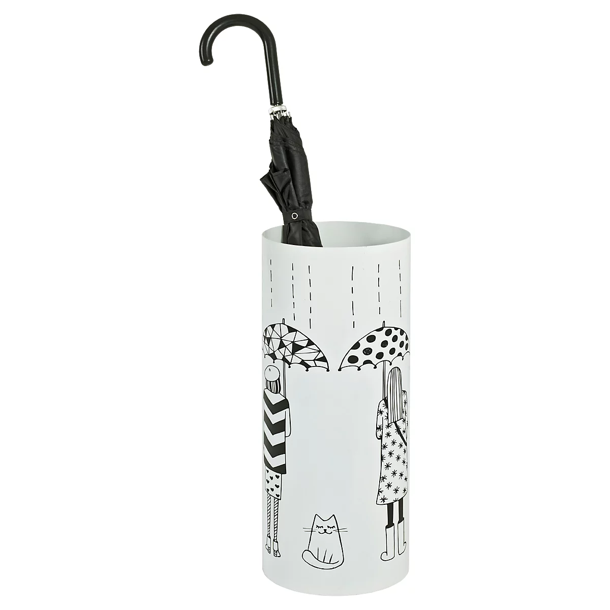 Porte-parapluie blanc avec des illustrations de personnes, de parapluies, de pluie et d'un chat.