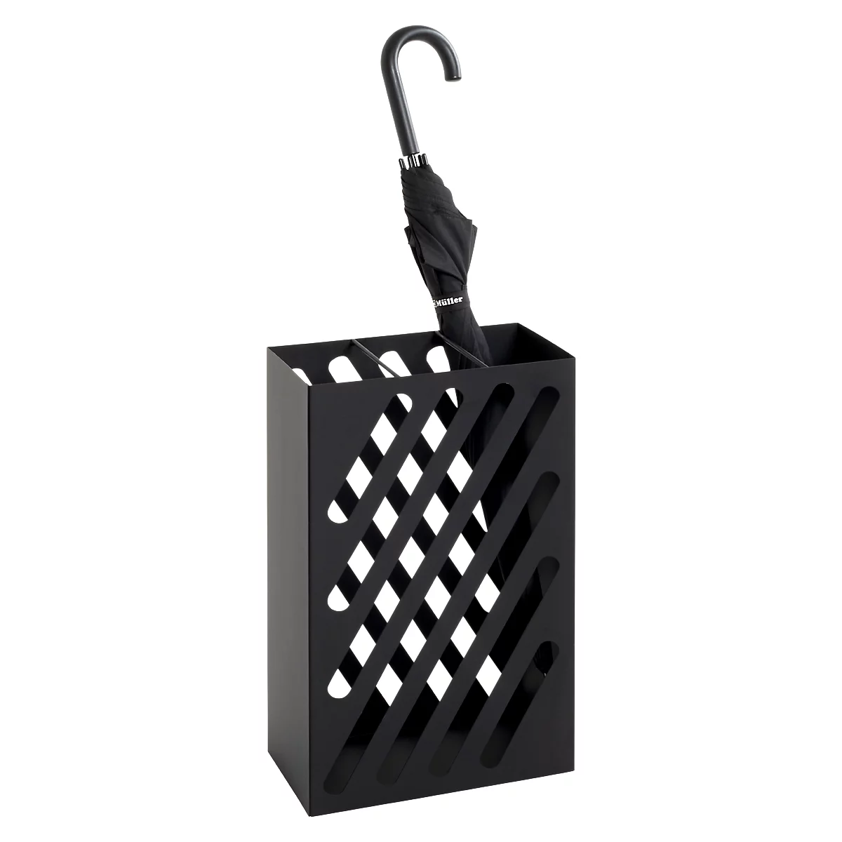 Parapluie noir dans un support en métal avec des découpes diagonales.
