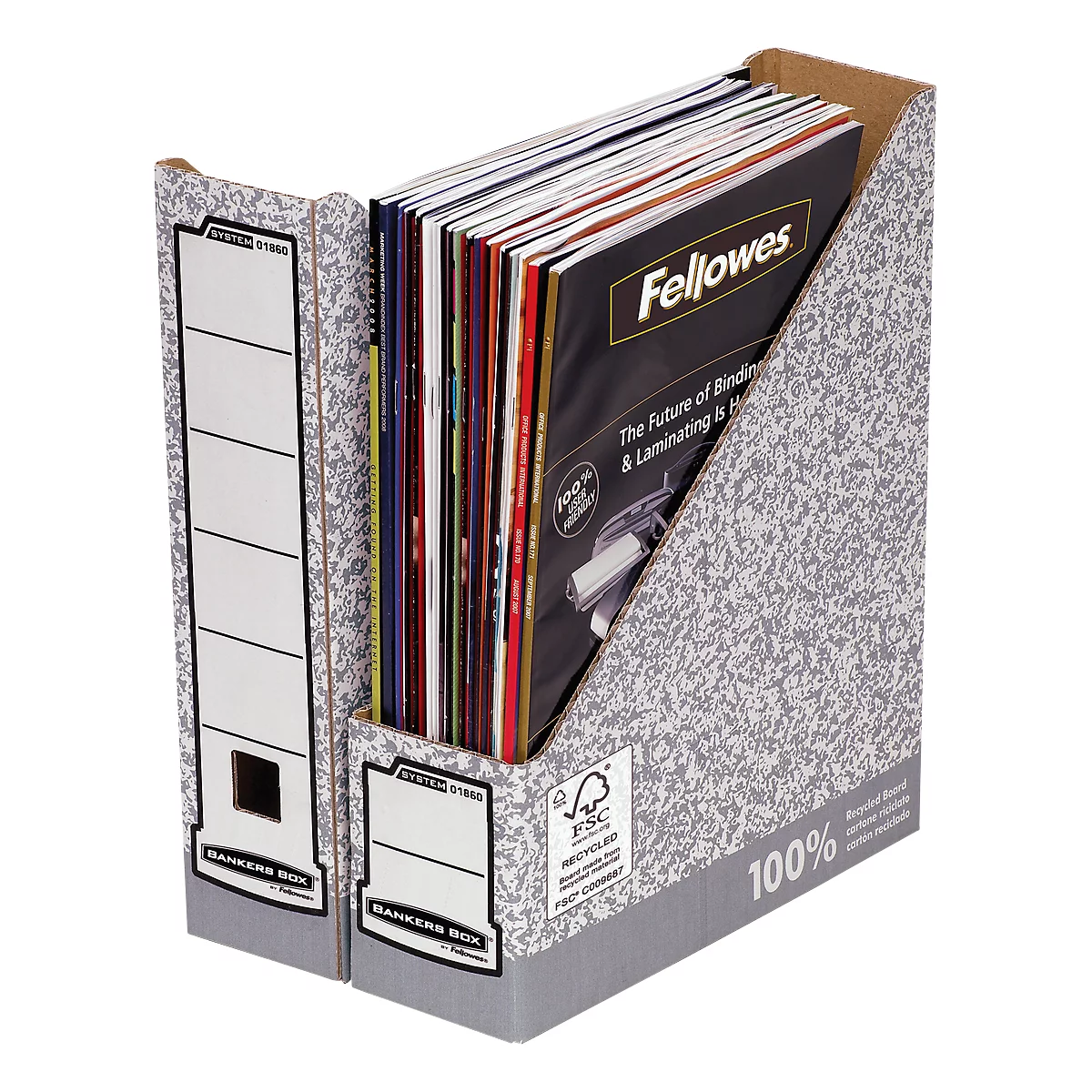 Porte-documents en carton avec magazines, imprimé avec "Fellowes" et "Bankers Box".