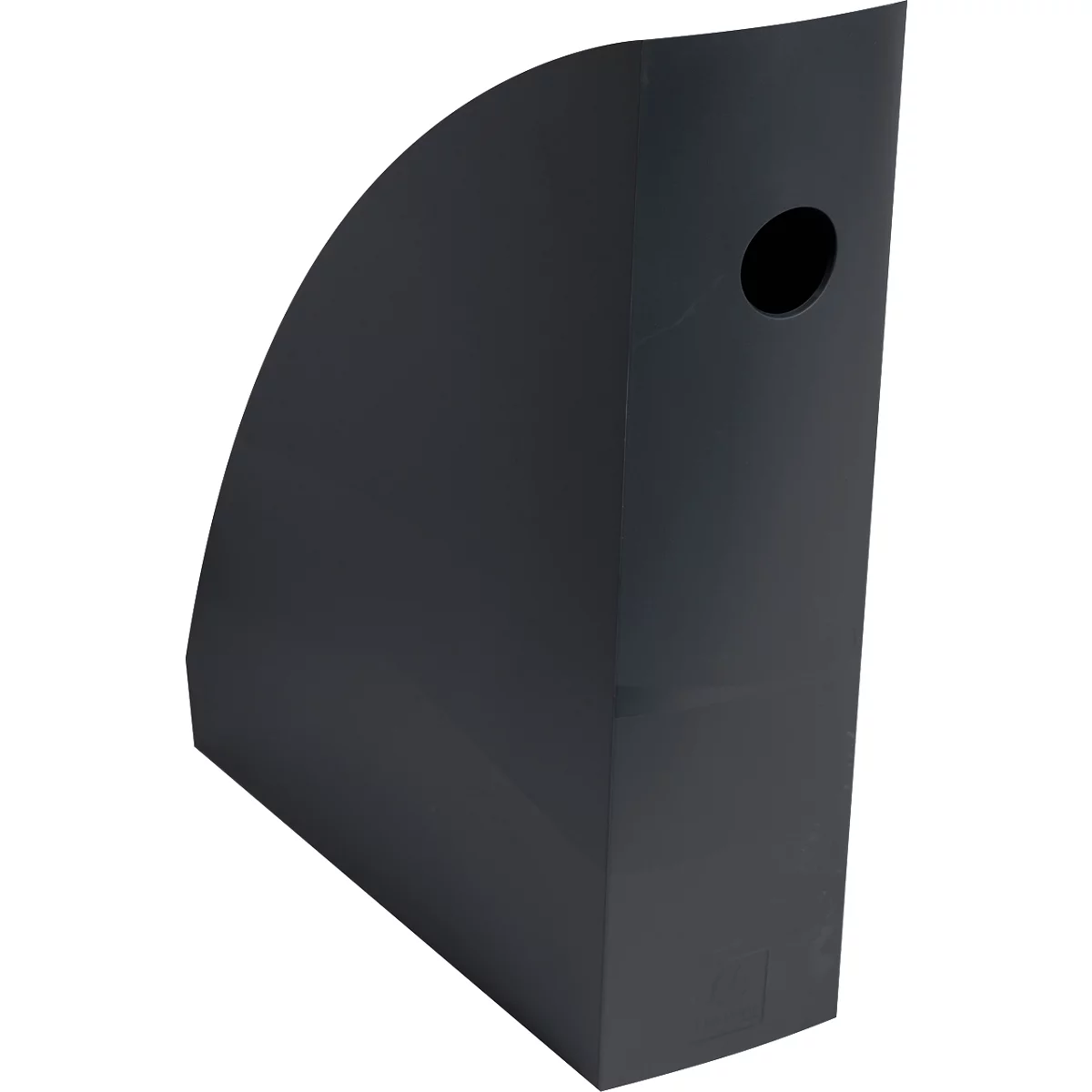 Porte-revues gris foncé avec un trou rond. La forme est semi-circulaire et le dessous est biseauté.