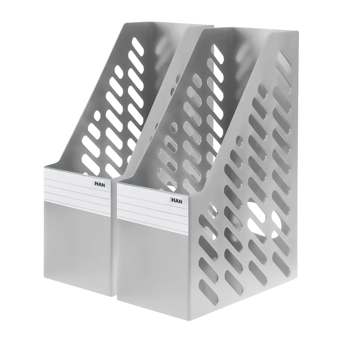 Deux porte-revues gris avec l'inscription "HAN".