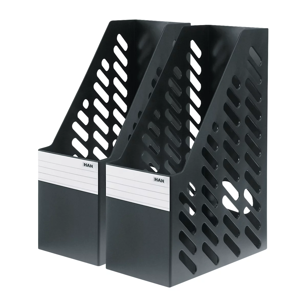 Deux porte-documents noirs perforés, avec une étiquette blanche et le texte "HAN".