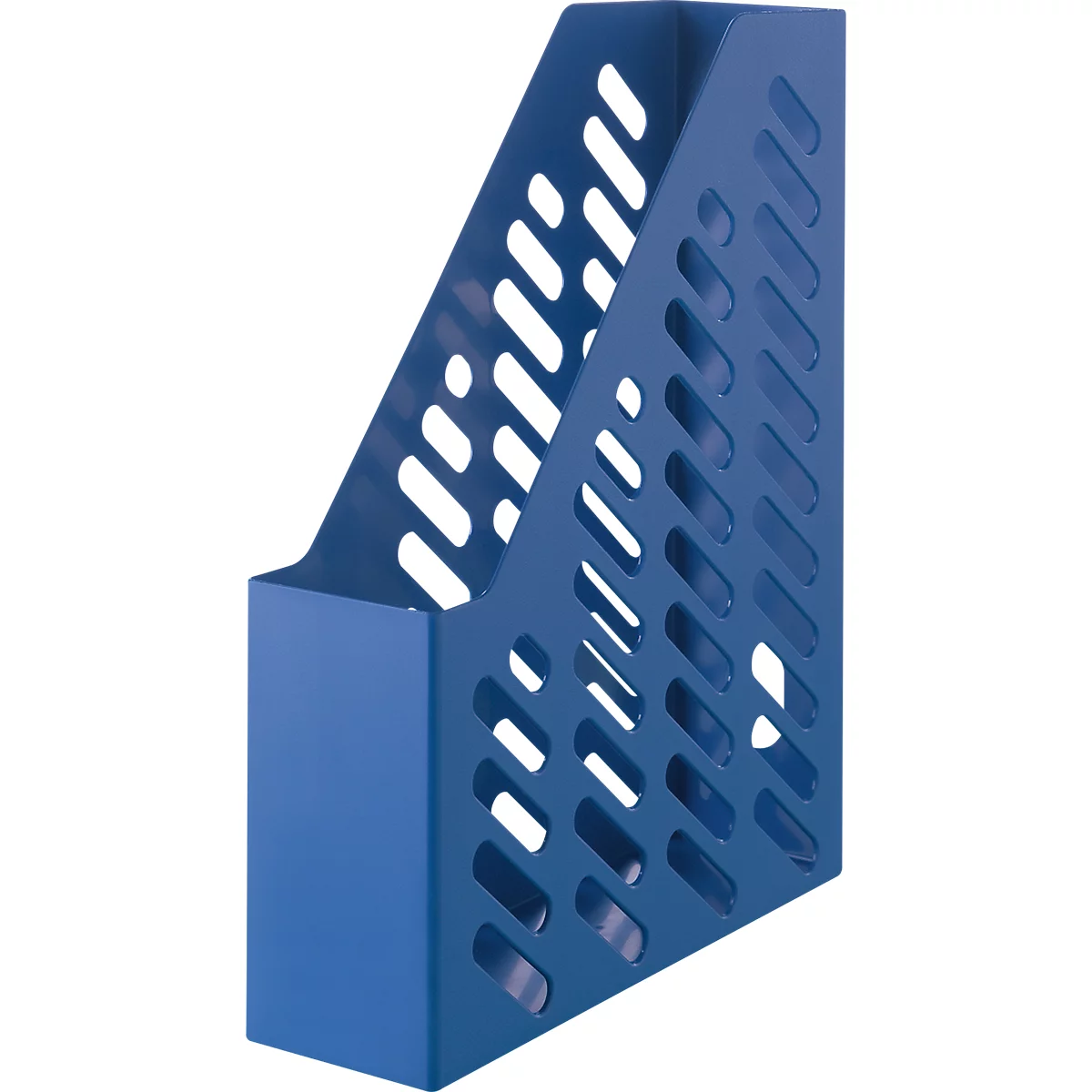 Porte-revues en métal bleu, debout, avec des trous.