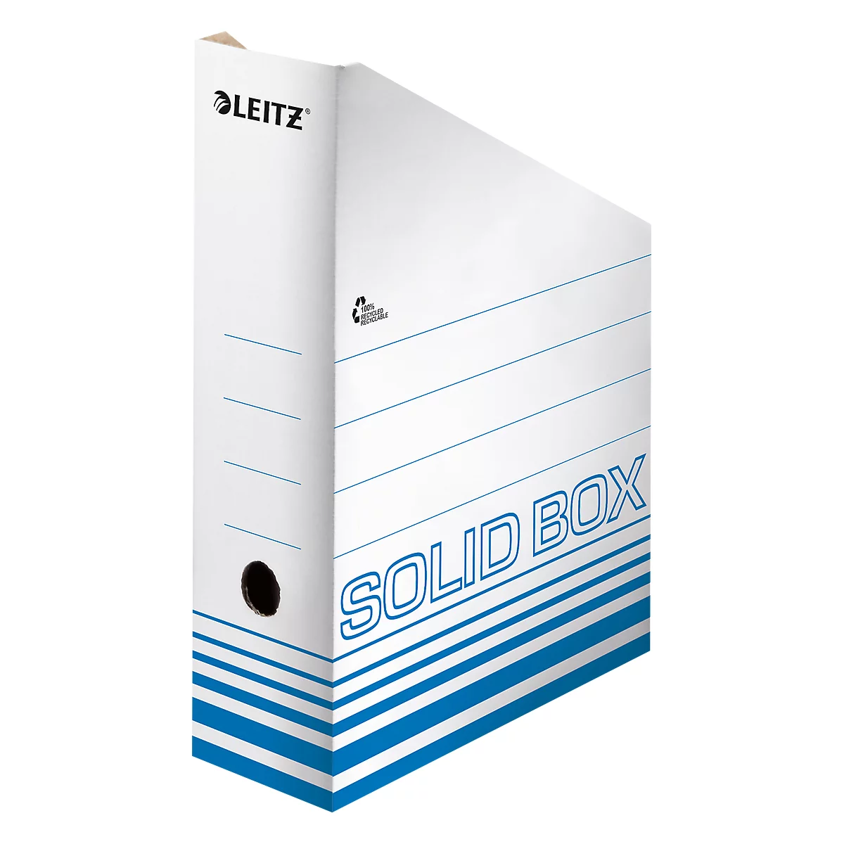 Boîte solide Leitz blanche, avec des lignes et des lettres bleues. Un trou noir pour saisir.