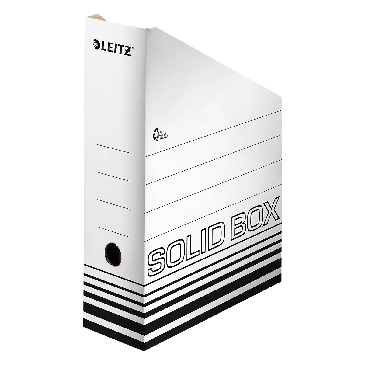 Boîte de classement blanche avec lettrage noir "SOLID BOX" et logo "LEITZ".