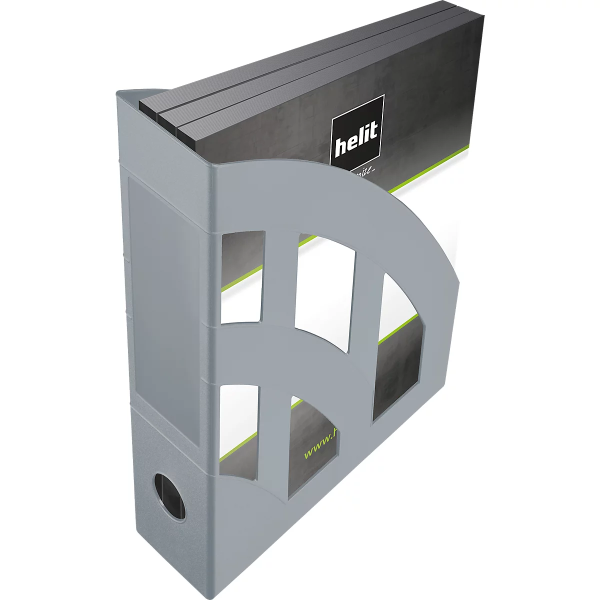 Porte-revues "The Green Bridge" Helit, en plastique recyclé, pour formats A4-C4, dos 78 mm gris clair, 4 pièces