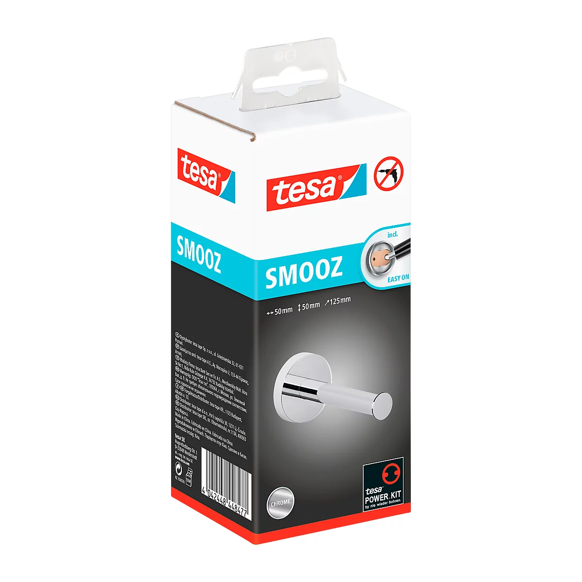 Porte-rouleau de rechange pour papier hygiénique tesa® SMOOZ, chromé, forme ronde, sans perçage, avec adhésif