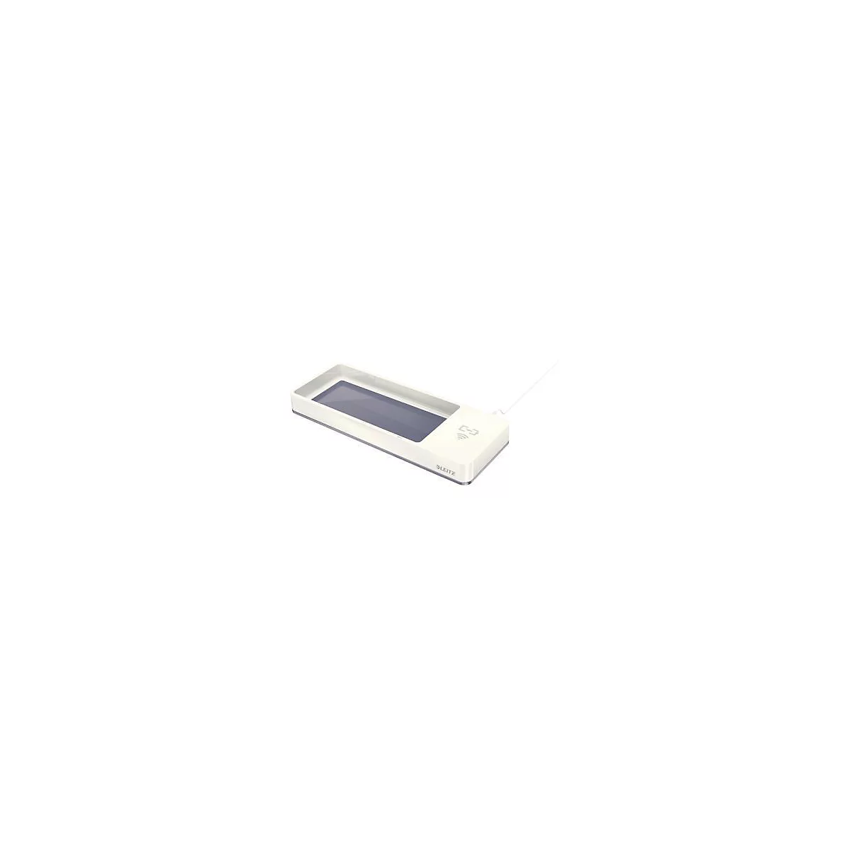Lecteur de carte rectangulaire blanc avec un écran et un symbole radio.