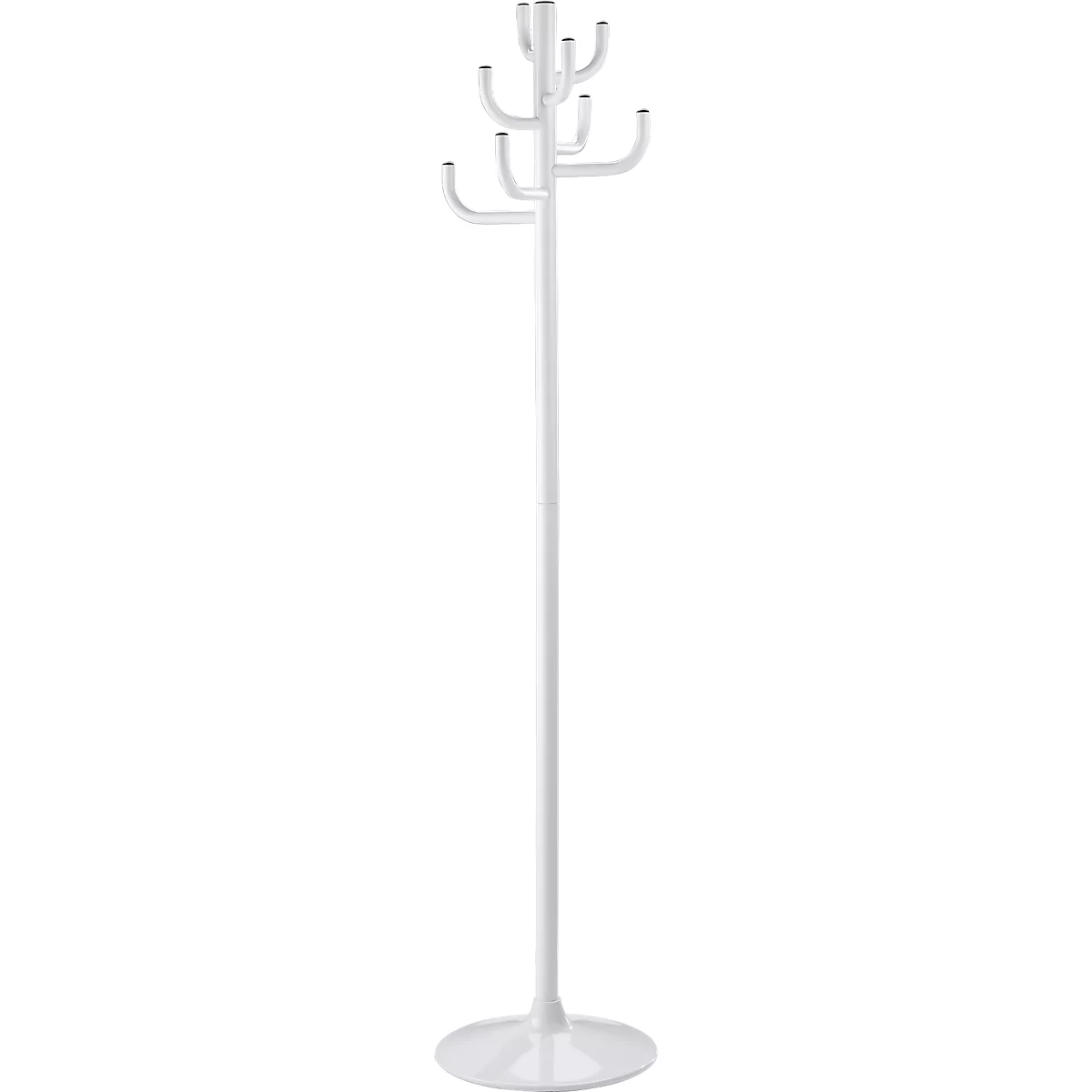 Un portemanteau minimaliste en métal blanc avec plusieurs crochets disposés à différents niveaux.