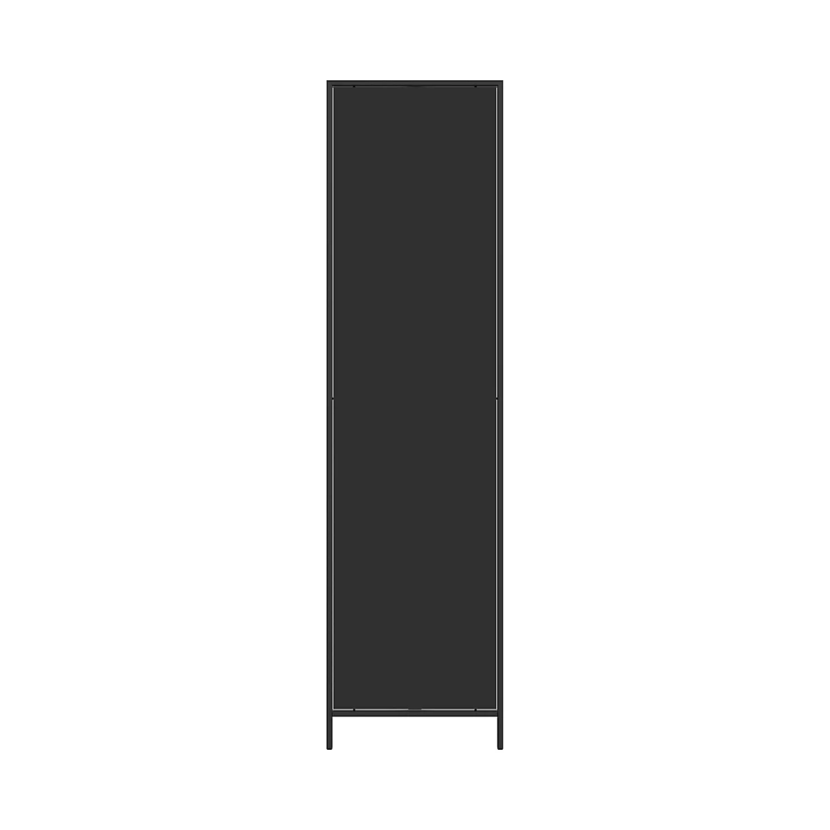 Une armoire grise et élancée se dresse sur un fond blanc. L'armoire est haute et étroite, de forme rectangulaire et dotée de deux petits pieds.