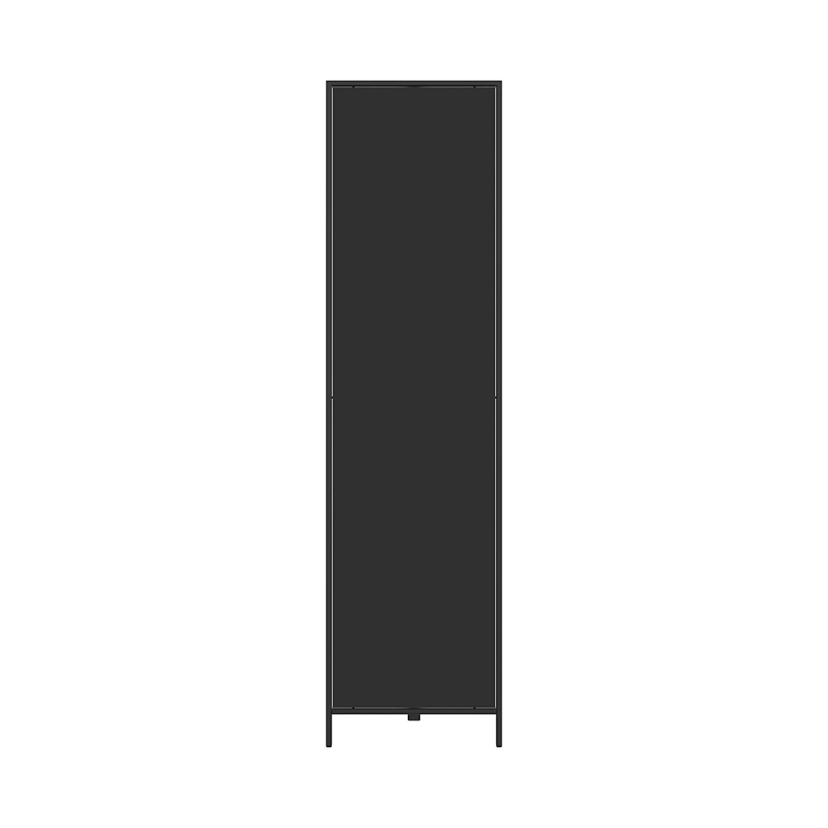 Étagère sombre, étroite et haute, debout sur un fond blanc.