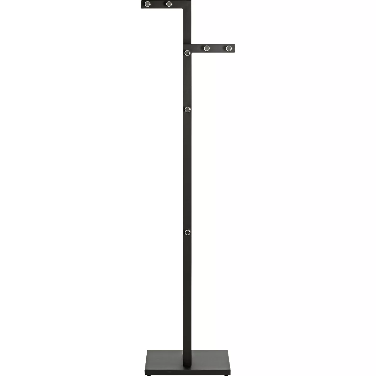 Portant noir autoportant avec base carrée, trois bras chacun fixés avec trois boutons.