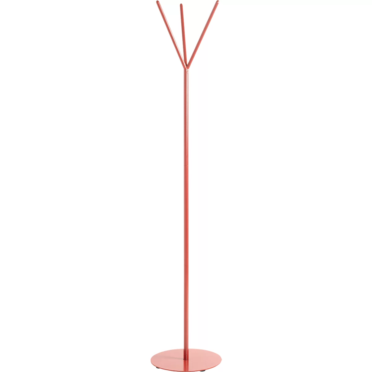Porte-chapeau en métal rouge ; avec base ronde, tige droite et tête triple.