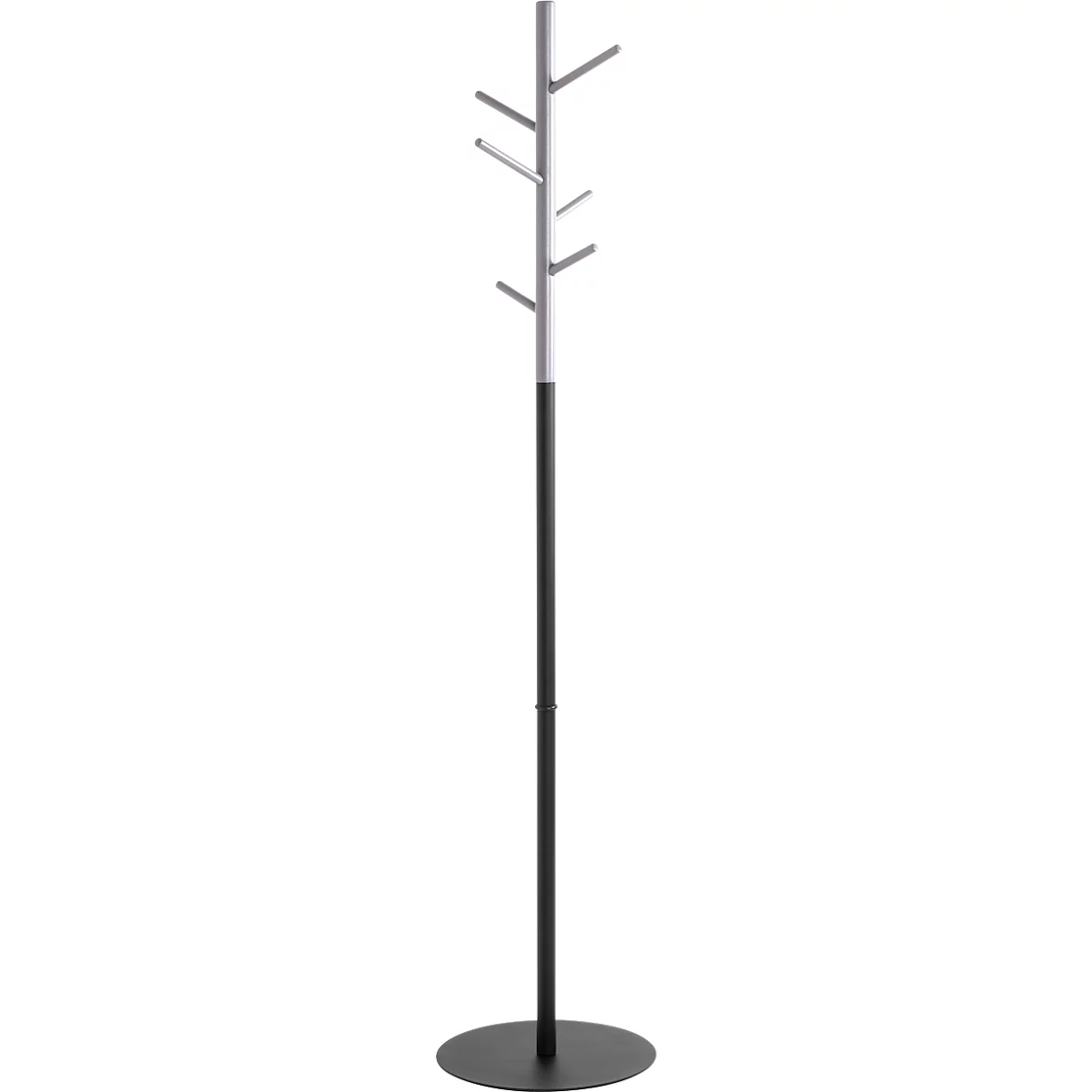 Porte-manteau en métal noir, avec base ronde, poteau et branches.