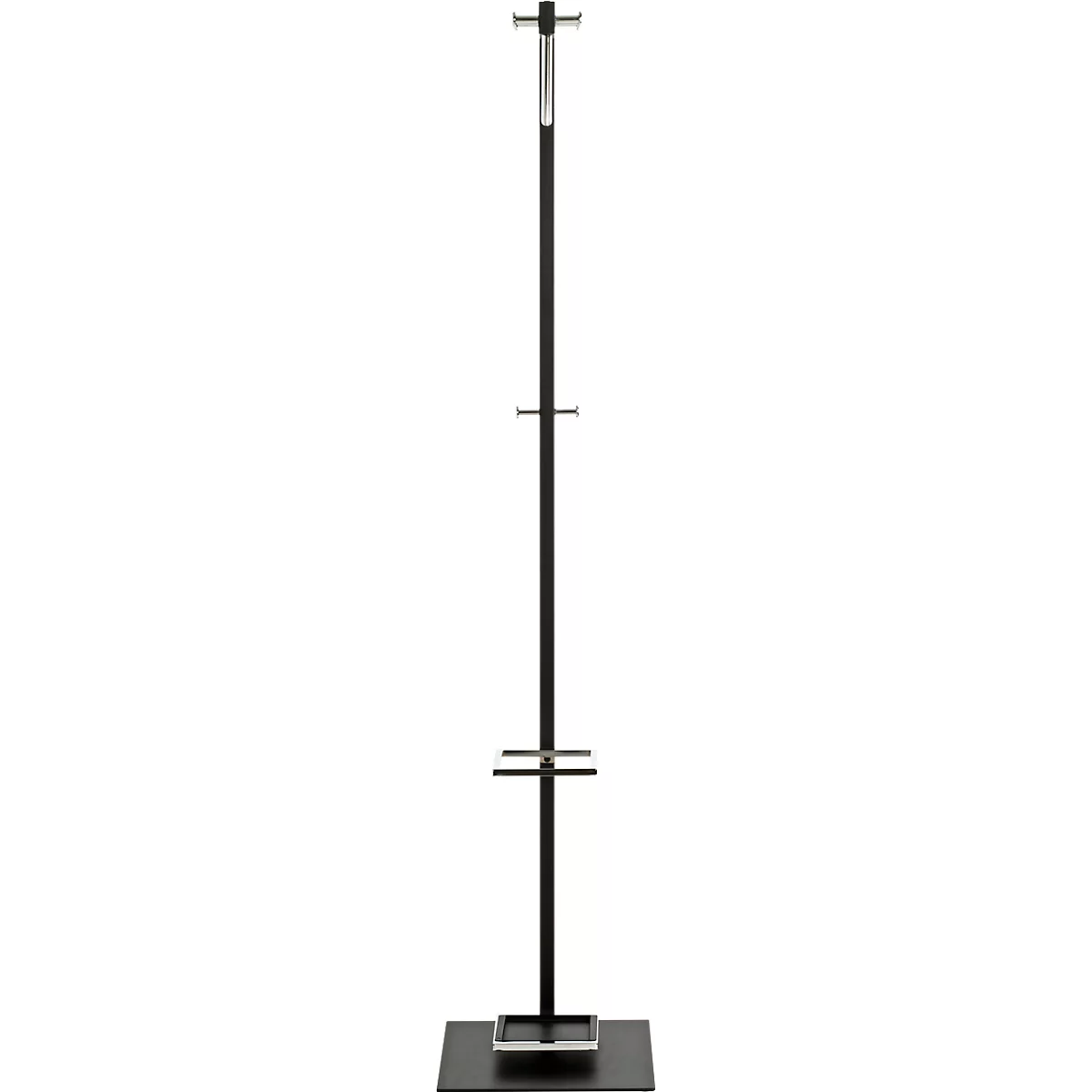 Porte-manteau noir et haut avec éléments argentés et base.
