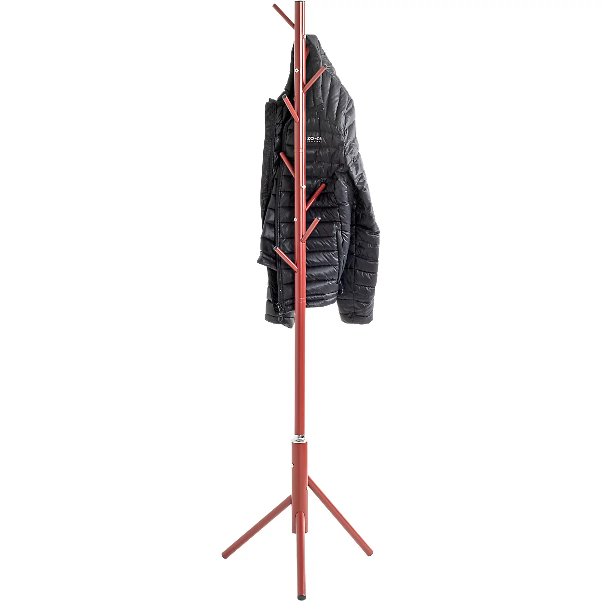 Portemanteau rouge, autoportant avec veste noire, sur fond blanc.