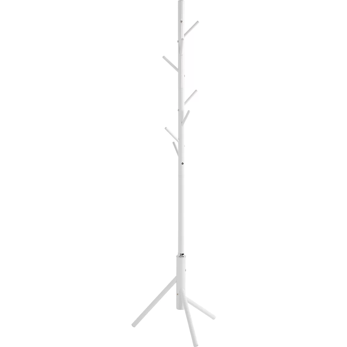 Porte-manteau blanc, imitant un arbre. Il a trois pieds et des crochets pour les vêtements.