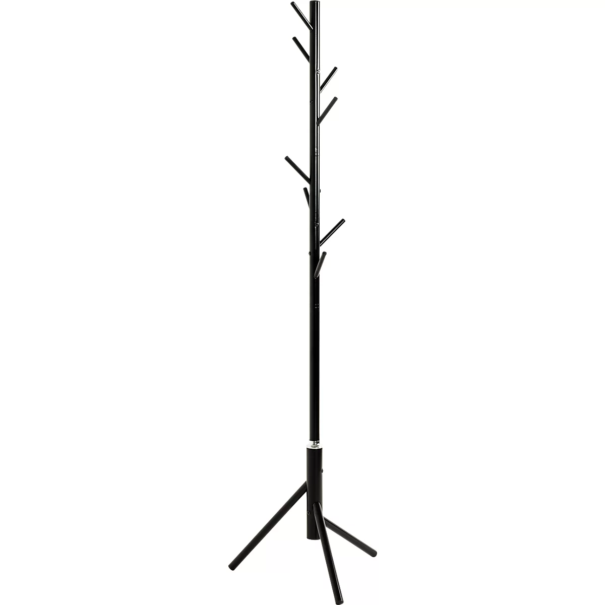 Porte-manteau noir en forme d'arbre. Une base à trois pieds supporte une longue et fine colonne avec des crochets latéraux.
