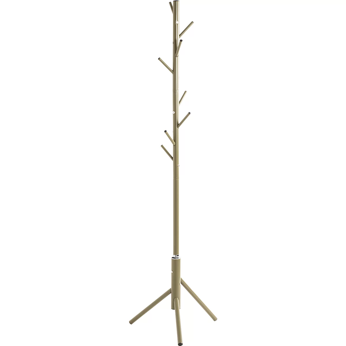 Porte-manteau beige autoportant en forme d'arbre. Il possède trois pieds et une longue tige centrale avec de petites branches.