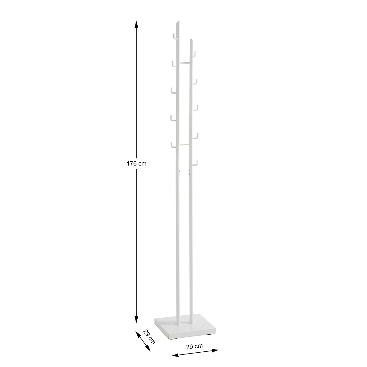 Support blanc avec crochets, 176 cm de haut, base carrée, 29 cm de large. Pour vêtements ou accessoires.