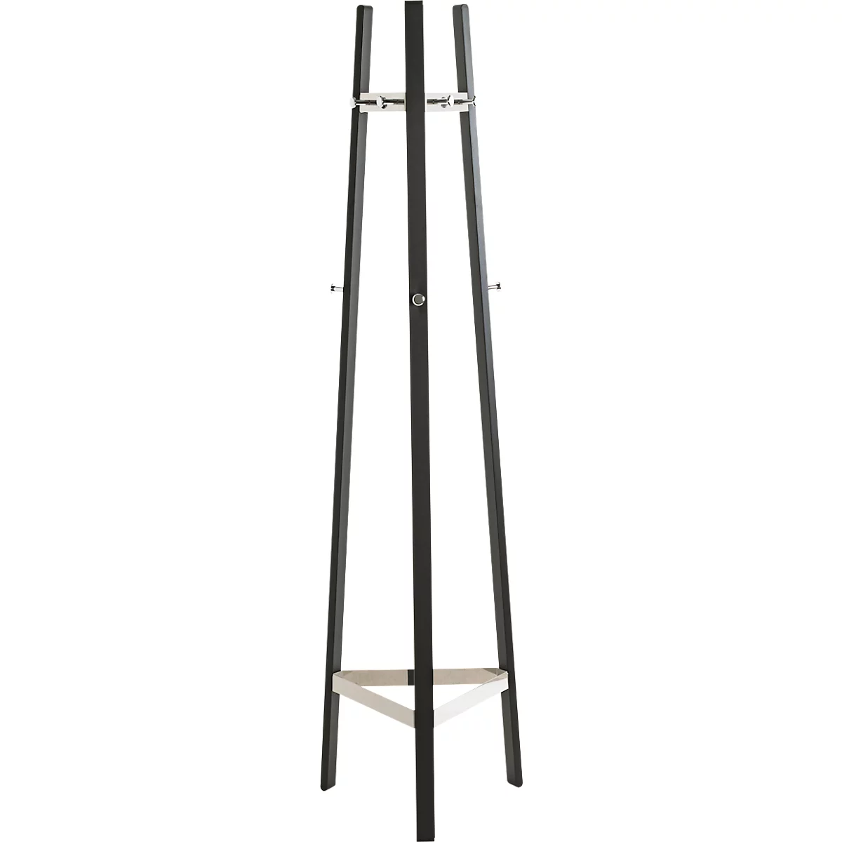 Porte-manteau noir sur fond blanc. Le porte-manteau a un design triangulaire avec une étagère et des cintres pour suspendre les vêtements.