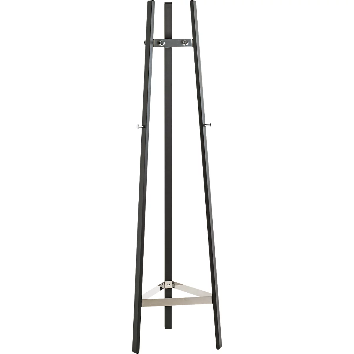 Chevalet en métal noir. Conception en trépied avec support réglable pour la toile.