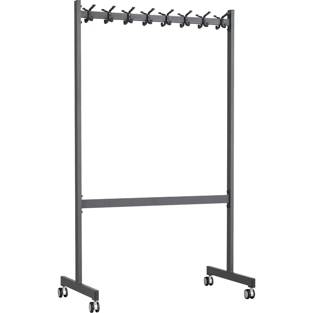 Porte-manteau gris sur roulettes, avec une barre à crochets en haut.