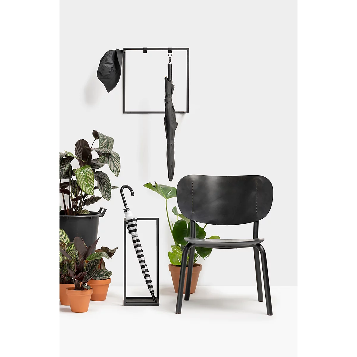 Chaise noire et parapluies devant un mur blanc, entourés de plantes.
