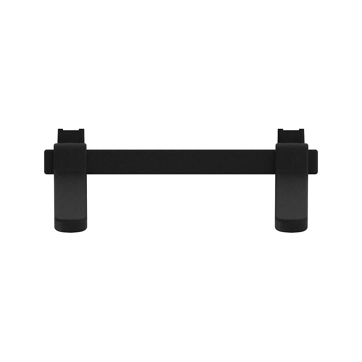 Poteau de clôture noir, relié par une poutre noire. Des détails sont visibles aux extrémités.