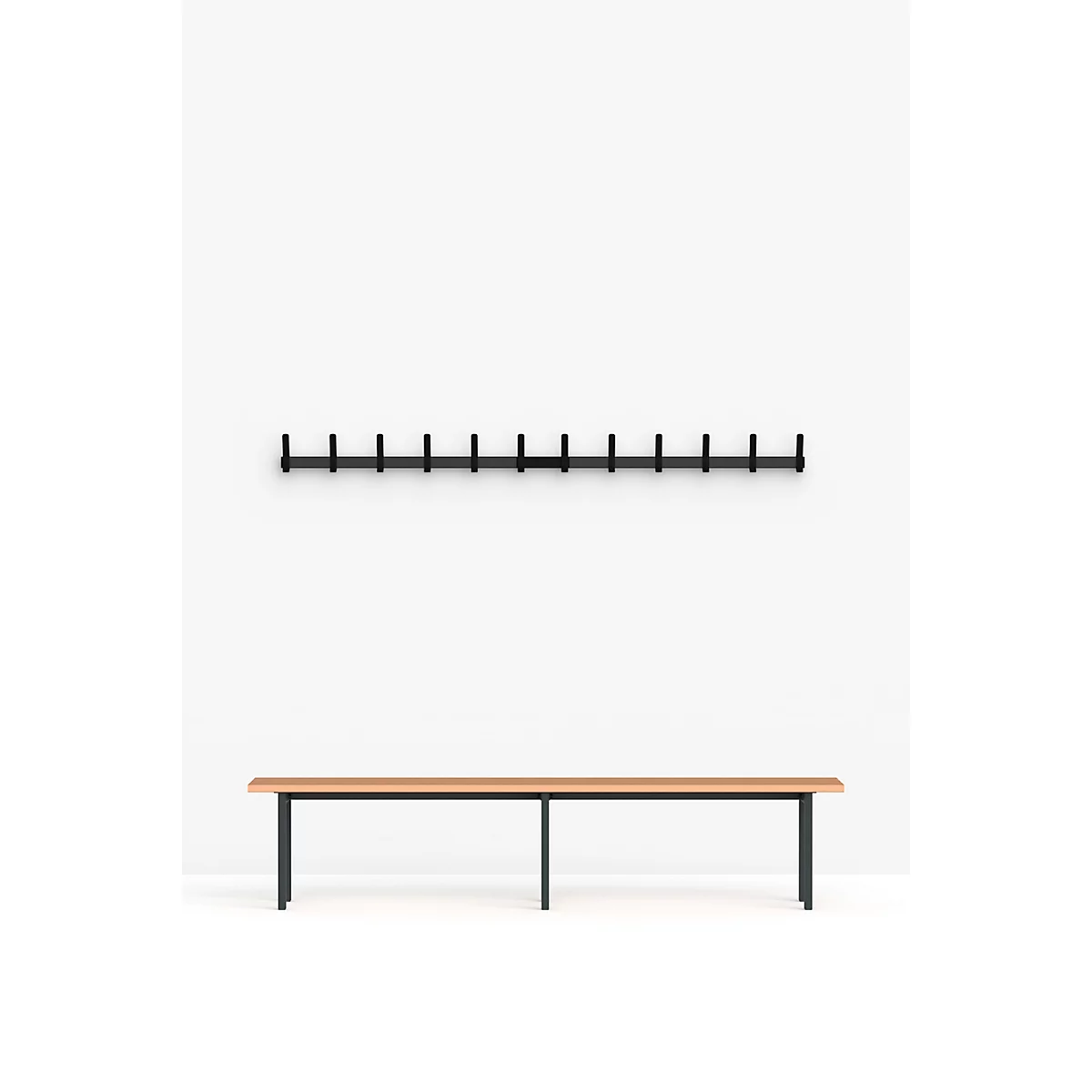 Une patère avec des crochets et un banc sur fond blanc.