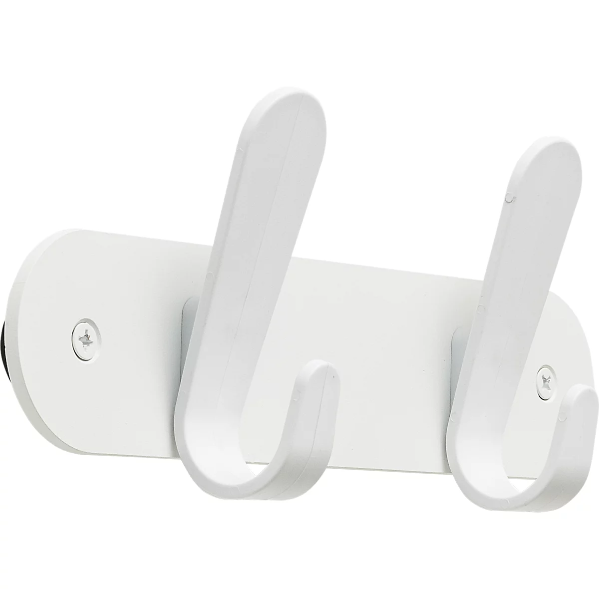 Patère murale blanche avec deux crochets incurvés. Vissée sur un support rectangulaire blanc.