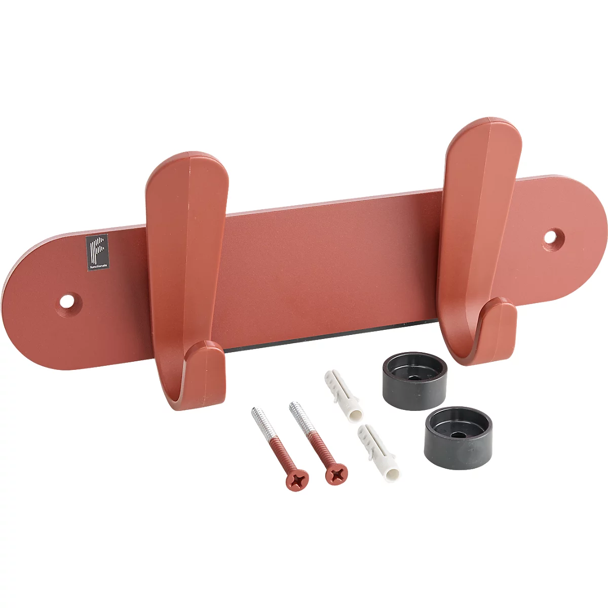 Porte-manteau mural avec deux crochets en rouge rouille, vis, chevilles et couvercles.