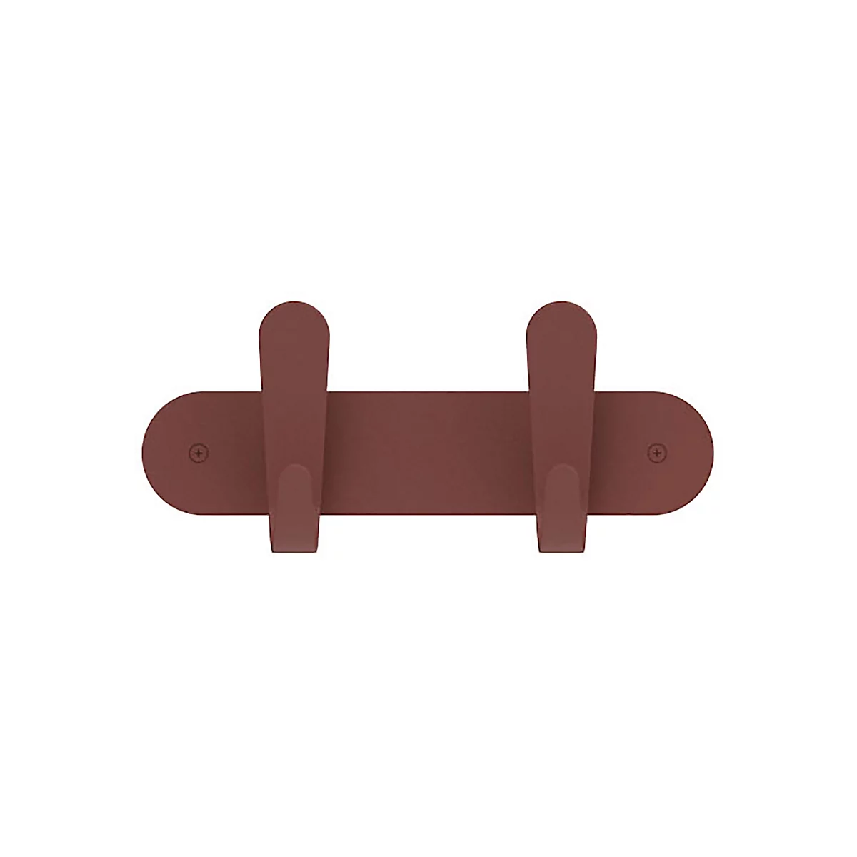 Barre à crochets marron. Deux crochets sont fixés à une planche ovale horizontale.