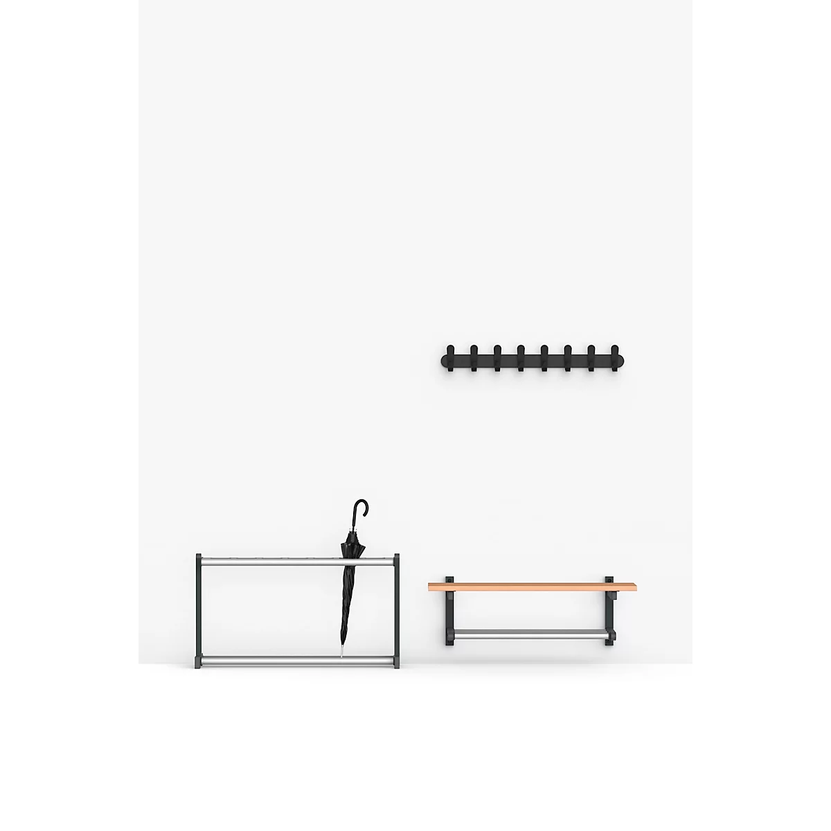 Ensemble de porte-manteaux sur fond blanc : porte-chaussures, barre à crochets, banc, parapluie.