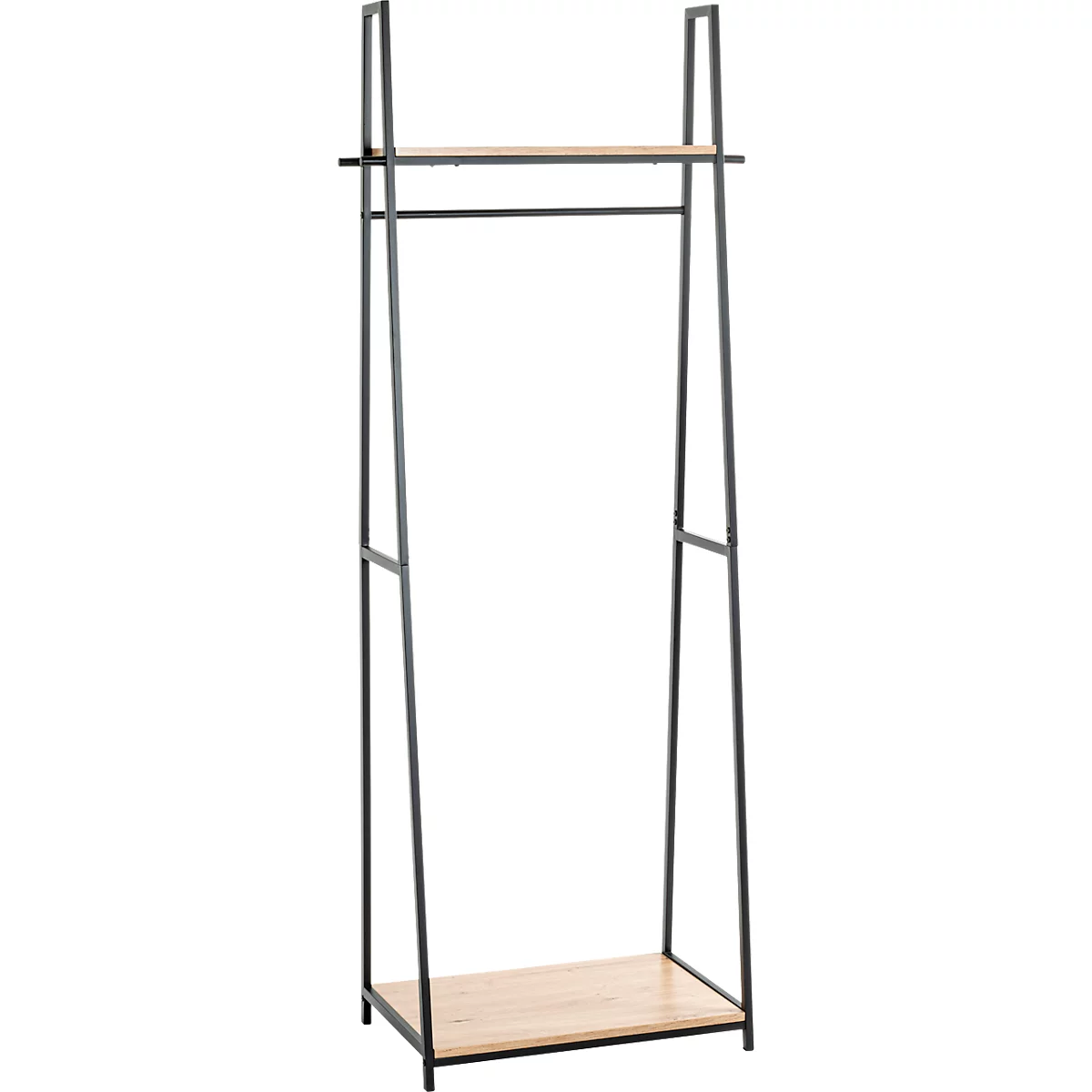 Porte-vêtements avec deux étagères en bois et une tringle à vêtements. La structure métallique est noire.