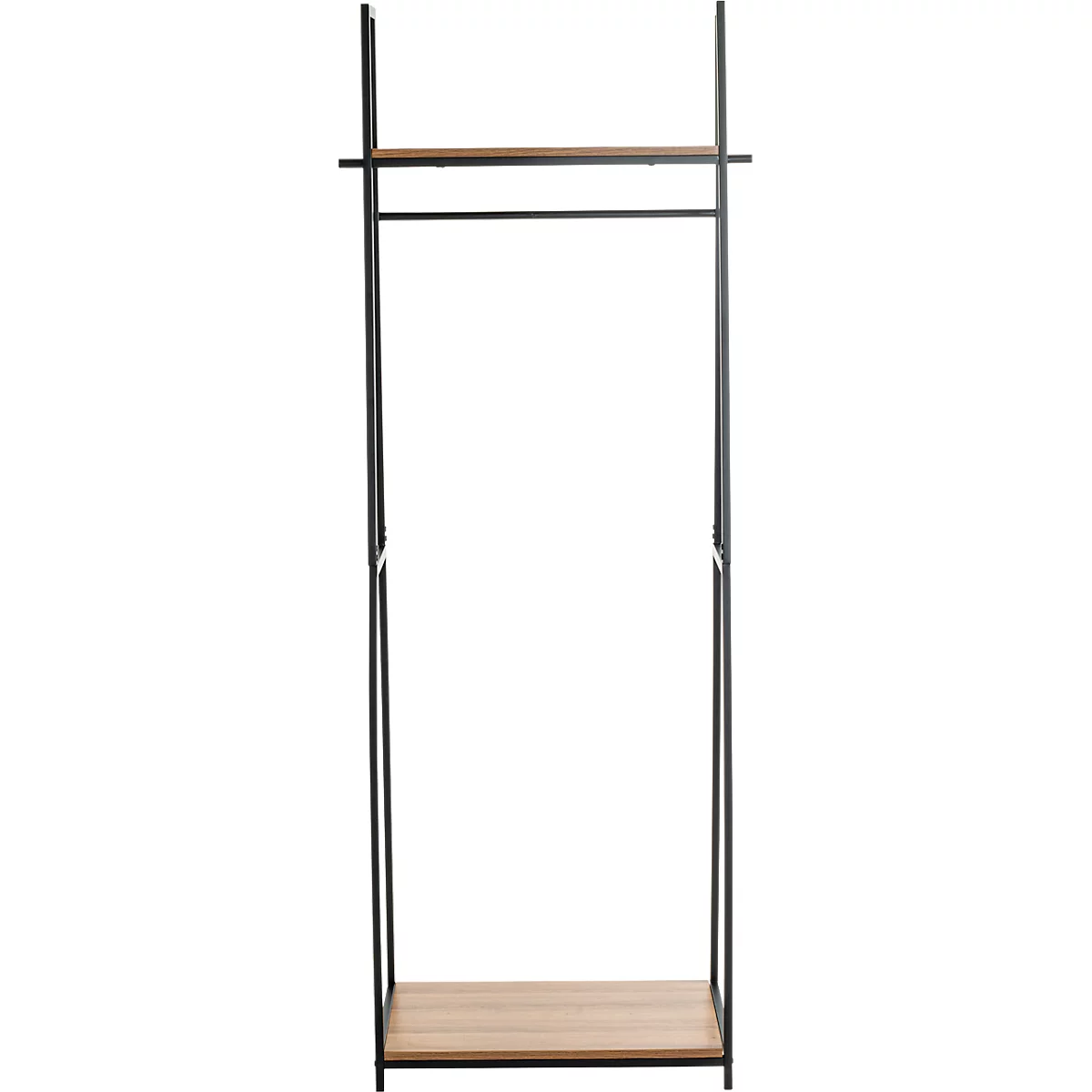 Porte-vêtements noir avec étagère et tringle, sur fond blanc.