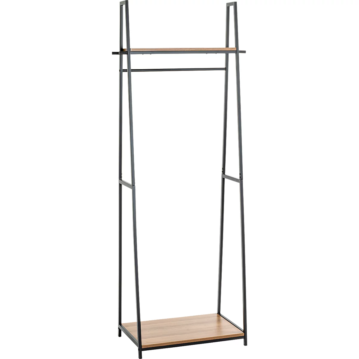 Porte-vêtements en métal avec étagères en bois. Le porte-vêtements est noir, avec une tringle et une étagère supérieure.