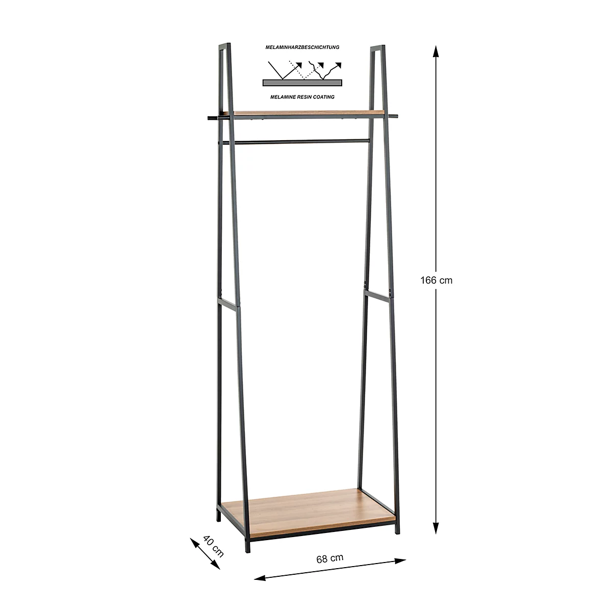 Porte-vêtements en métal et bois. Deux étagères, une tringle à vêtements. Dimensions : 40 x 68 x 166 cm.