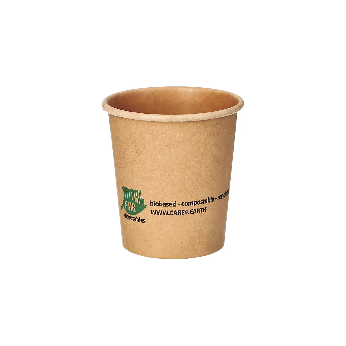 Ein brauner, kompostierbarer Pappbecher mit grünem Logo und Text. Der Becher steht auf weißem Hintergrund.