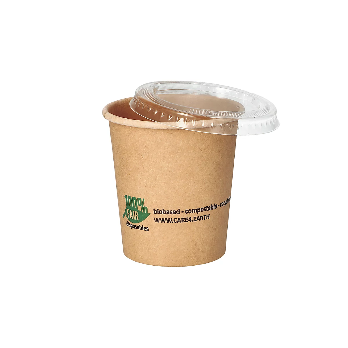 Brauner Pappbecher mit durchsichtigem Deckel. Aufdruck: 100% Fair, biobased-compostable und WWW.CARE4.EARTH.