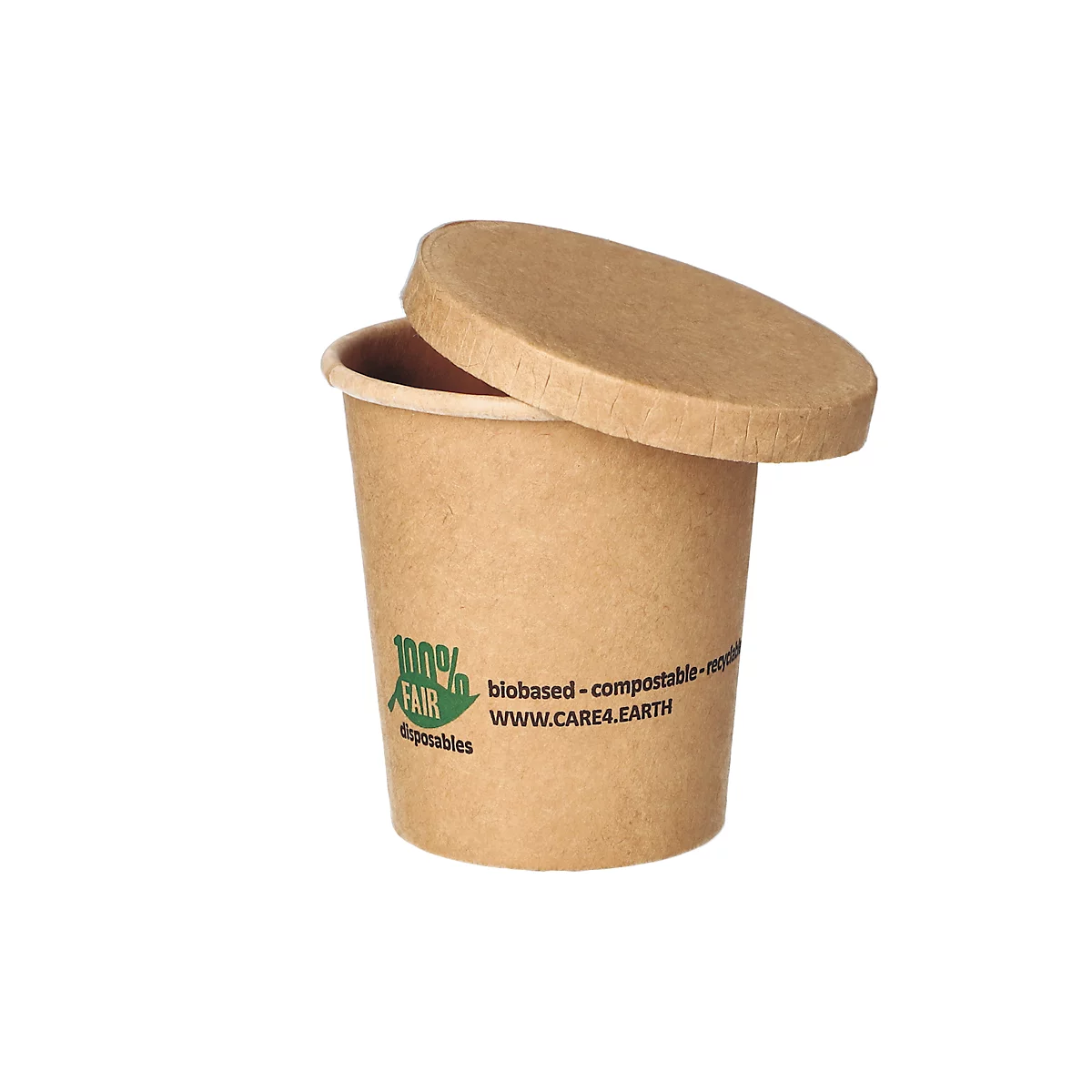 Becher aus braunem Papier mit Deckel; Aufdruck '100% FAIR disposables'.