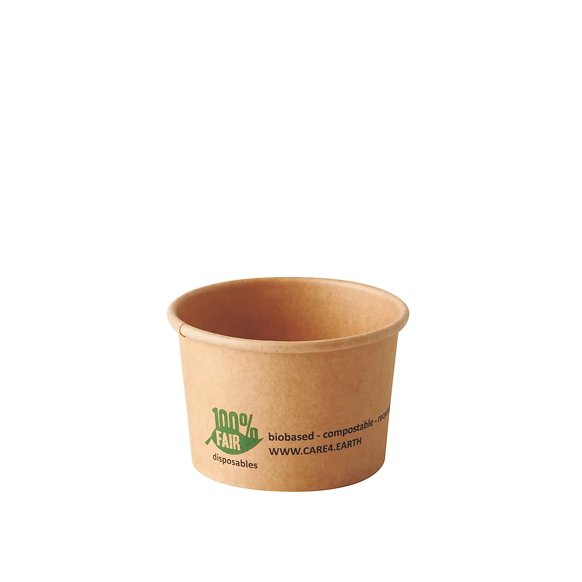 Braune, runde Schüssel aus Papier. Mit grünem Aufdruck: 100% Fair, biobased, kompostierbar.