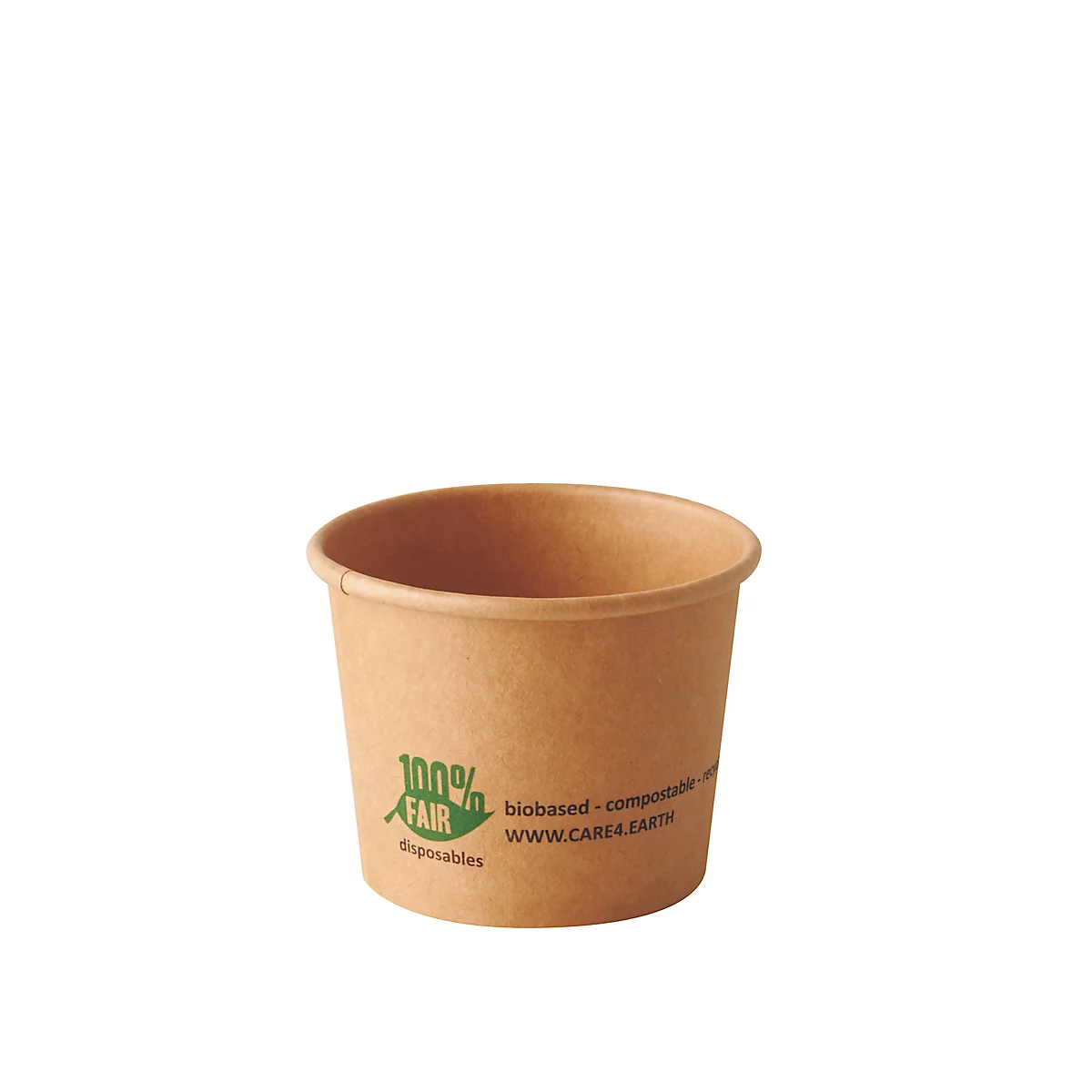 Braune Pappschale mit grünem Logo und Text: 100% Fair, biobased-kompostierbar. WWW.CARE4EARTH.